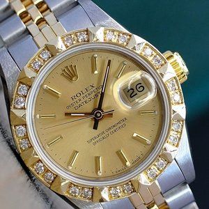 ROLEX LADIES DATEJUST TWO-TONE CHAMPAGNE DIAL DIAMOND BEZEL 26MM REF# 69173